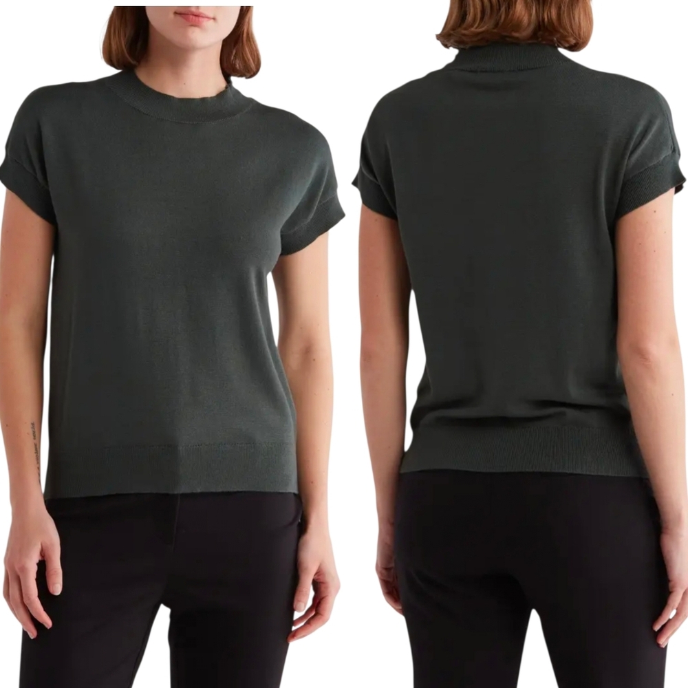 Tahari Dark Green Short Sleeve Mock Neck Knit Sweater Top Women’s Size Medium